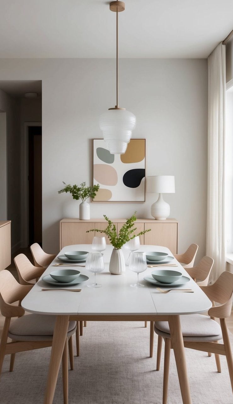 A dining table set with ripped glasses, surrounded by light wood furniture and soft-toned decor