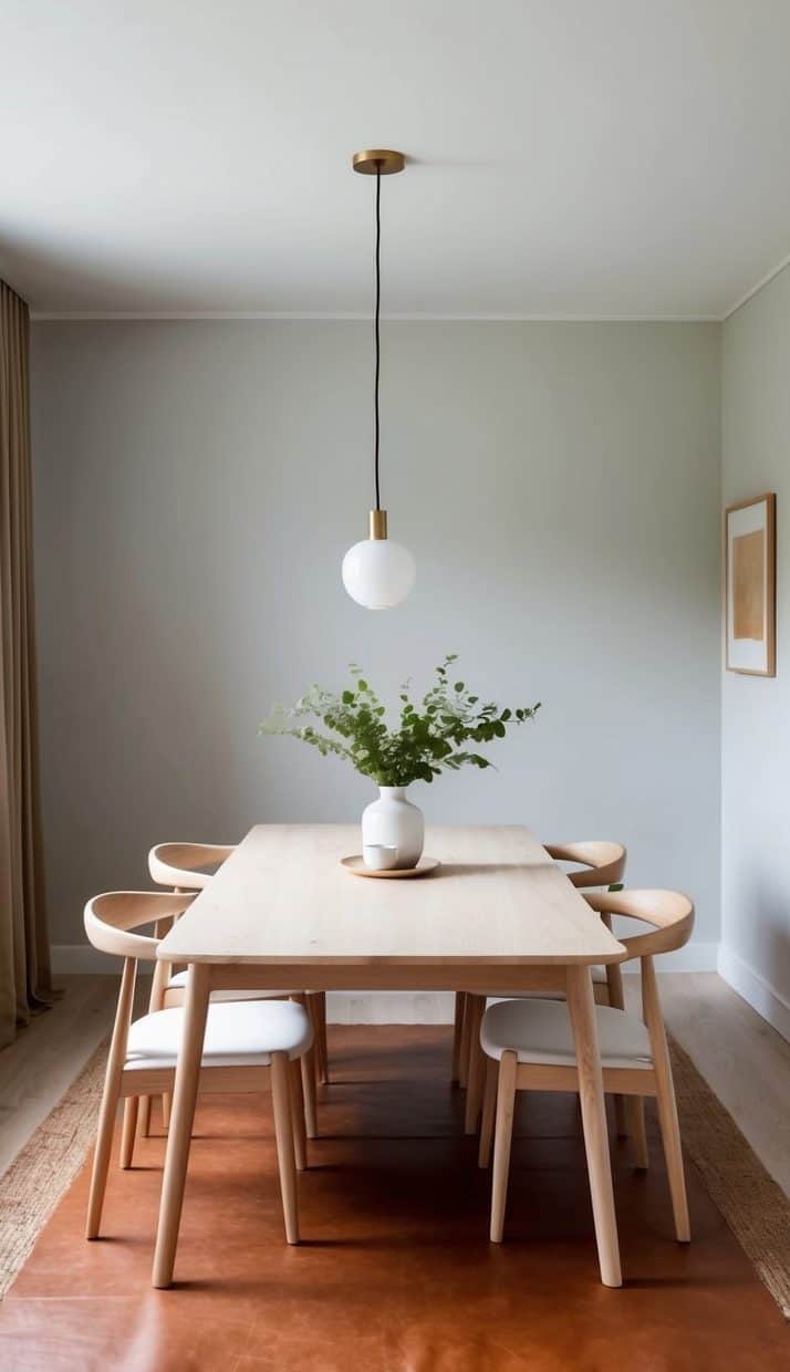 A solid leather rug lies beneath a light wood dining table in a cozy Scandinavian dining room