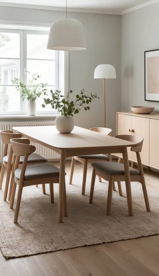 A Scandinavian dining room with dome-shaped lights