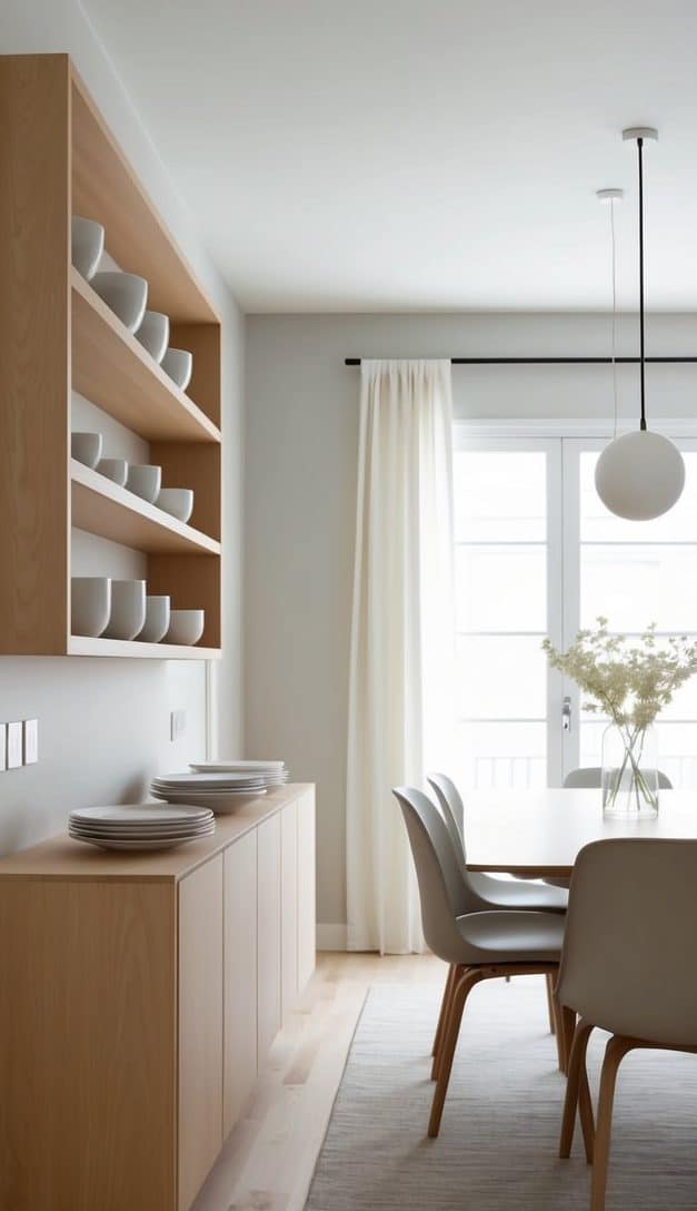 A beech wood shelf holding minimalist dinnerware in a softly lit Scandinavian dining room