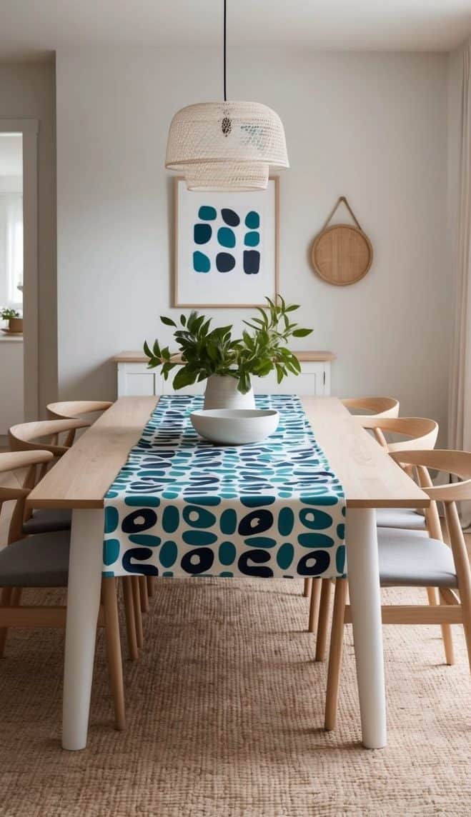 A cozy Scandinavian dining room with a bold table runner, featuring light woods and soft tones