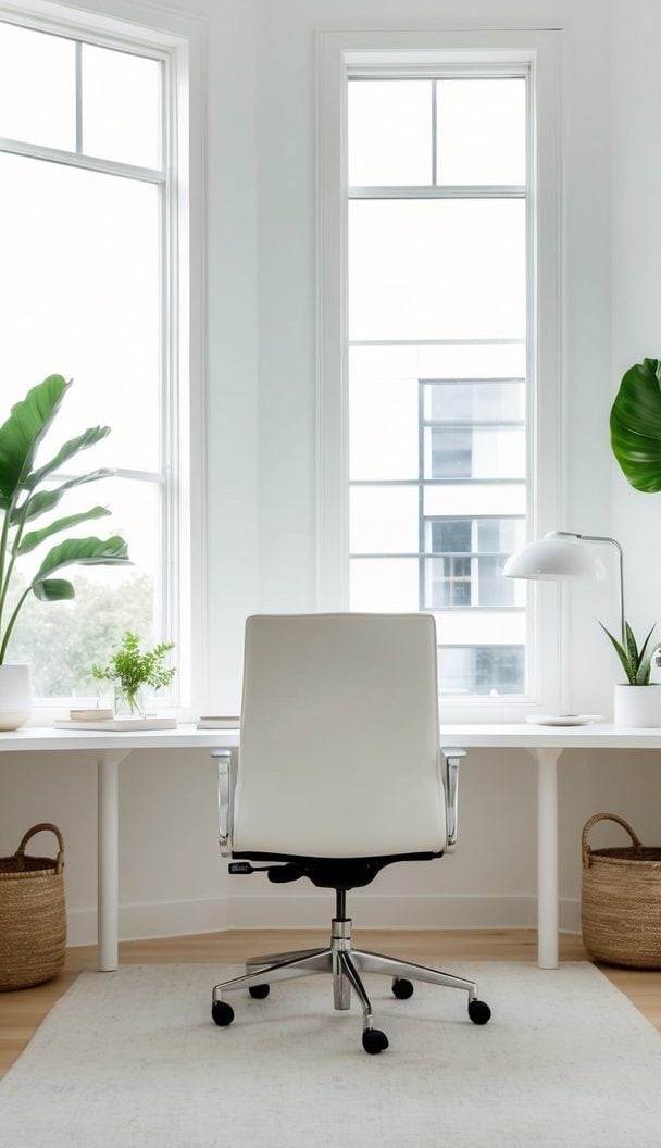 A sleek white office chair sits in a bright, airy home office with minimalistic decor and plenty of natural light streaming in through large windows