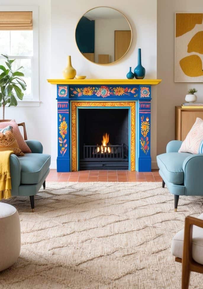 A cozy living room with a painted fireplace as the focal point. The hearth is adorned with vibrant colors and intricate designs, creating a warm and inviting atmosphere