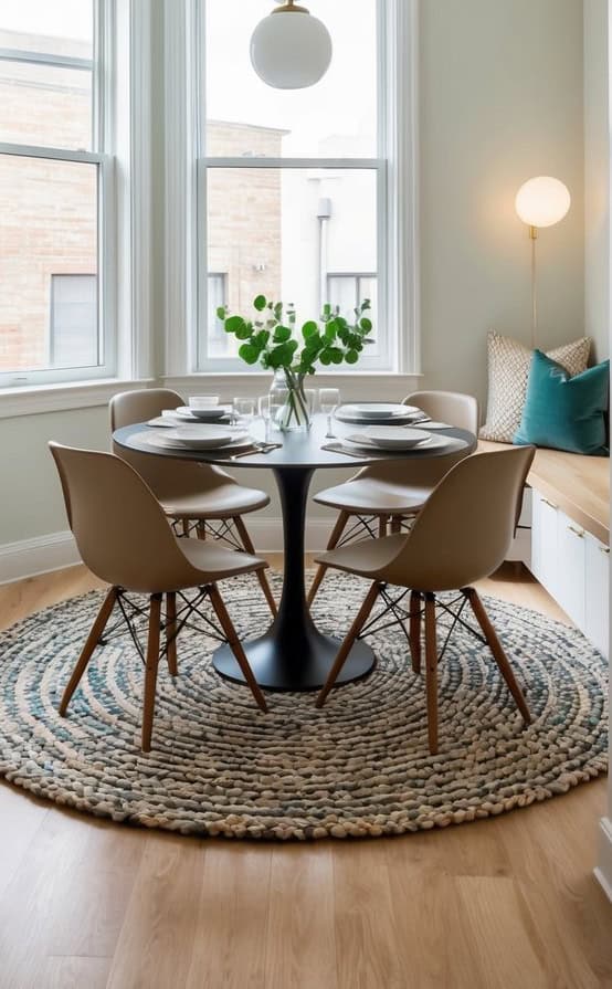 Round rugs soften angles in a small dining room. Multi-functional furniture maximizes space