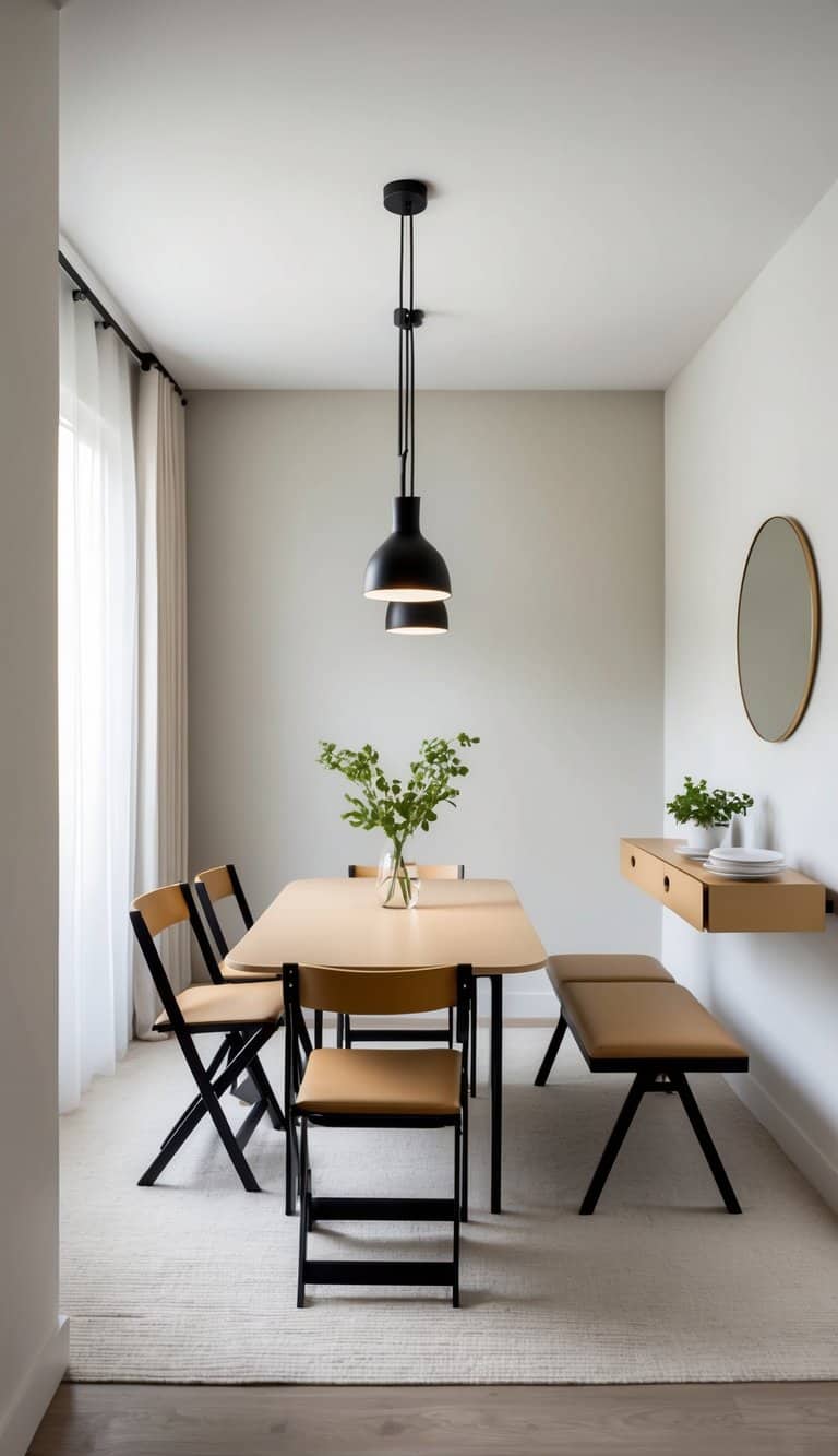 A small dining room with a convertible table and chairs, storage benches, and a fold-out console table against a wall