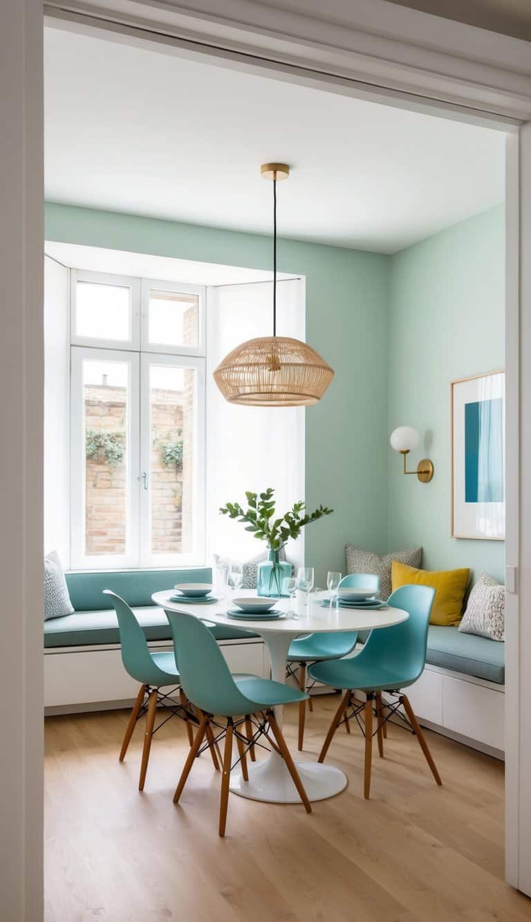 A small dining room with multi-functional furniture in a light color palette, maximizing the space
