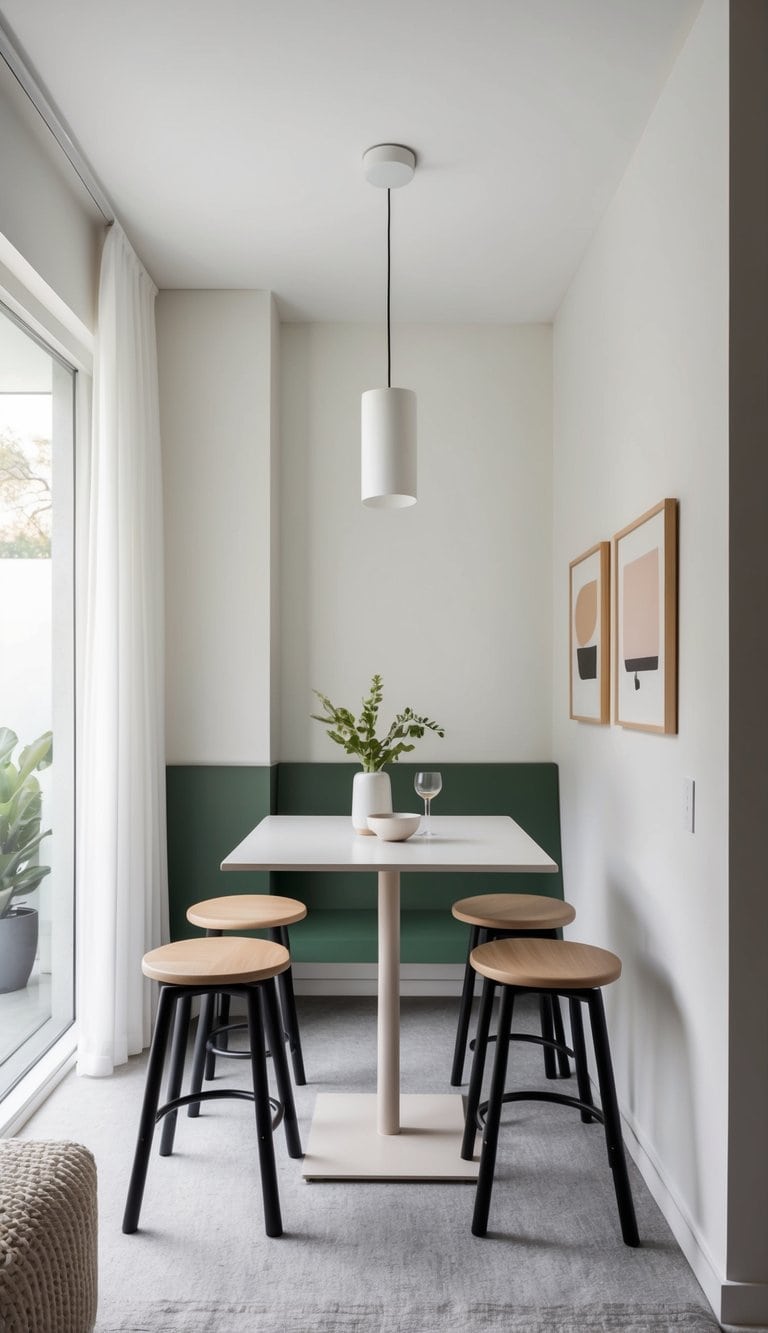 A small dining area with backless stools, a compact table, and minimal decor to maximize space