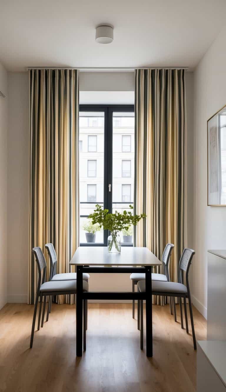 A small dining room with vertical striped curtains, a foldable dining table, and stackable chairs to maximize space