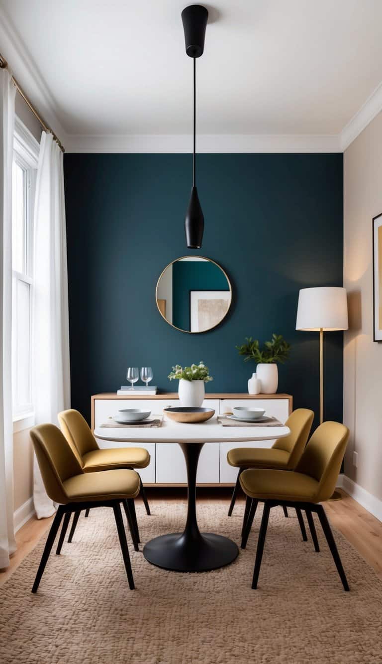 A small dining room with a feature wall painted in a bold color, featuring multi-functional furniture to maximize space