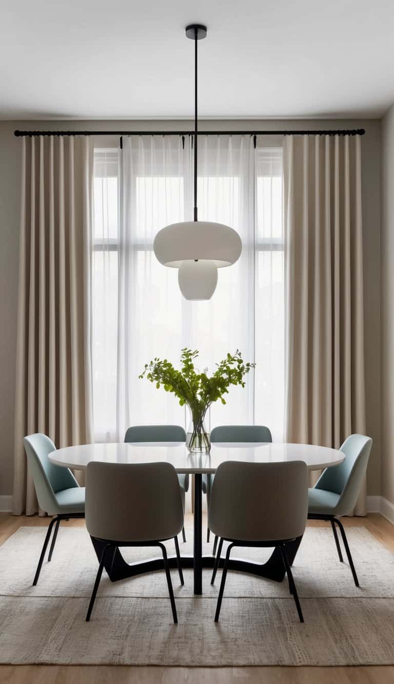 The dining room features high-hung curtains and multi-functional furniture