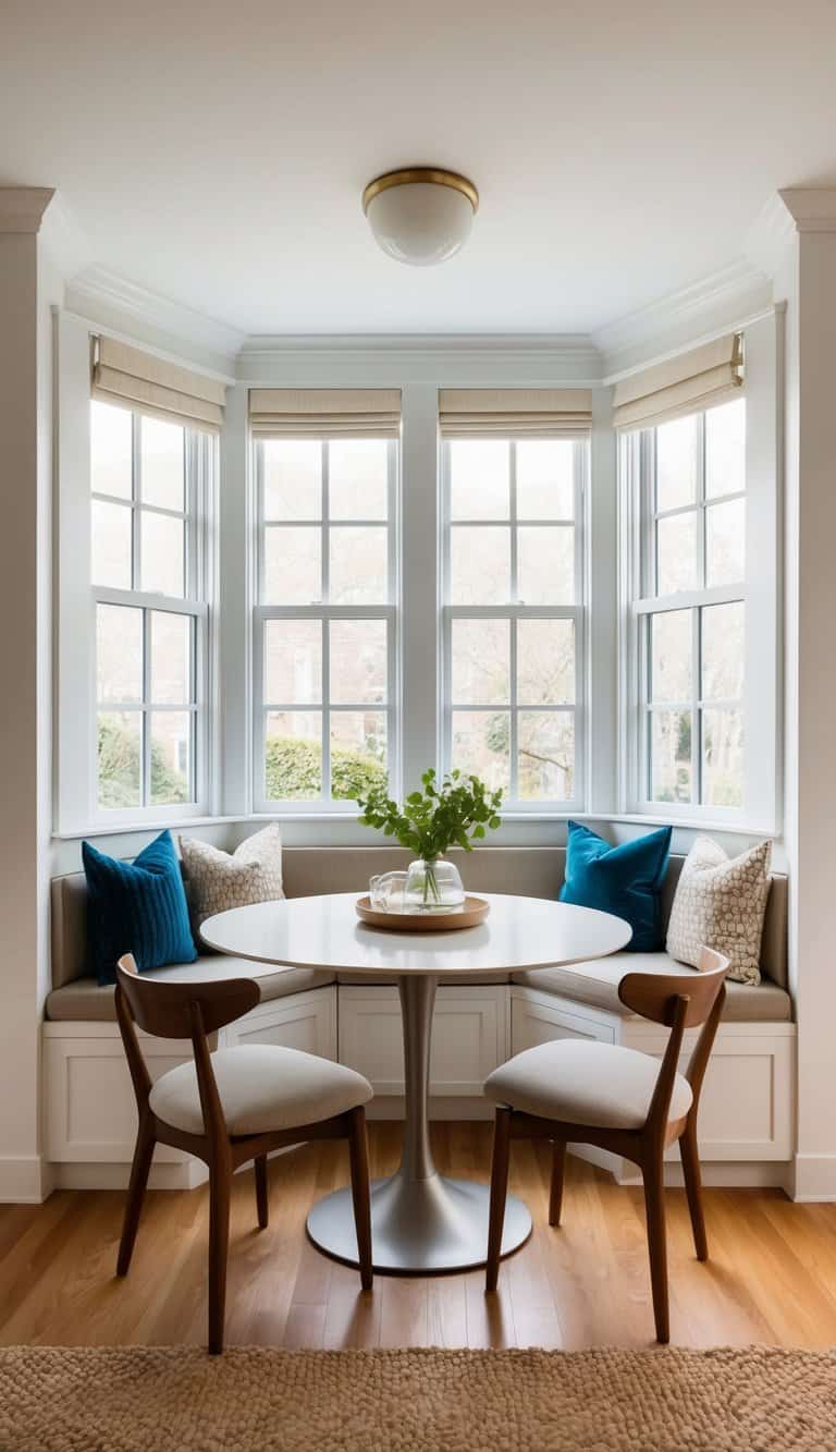 A cozy dining area with a built-in bay window seat, surrounded by multi-functional furniture to maximize space in a small room