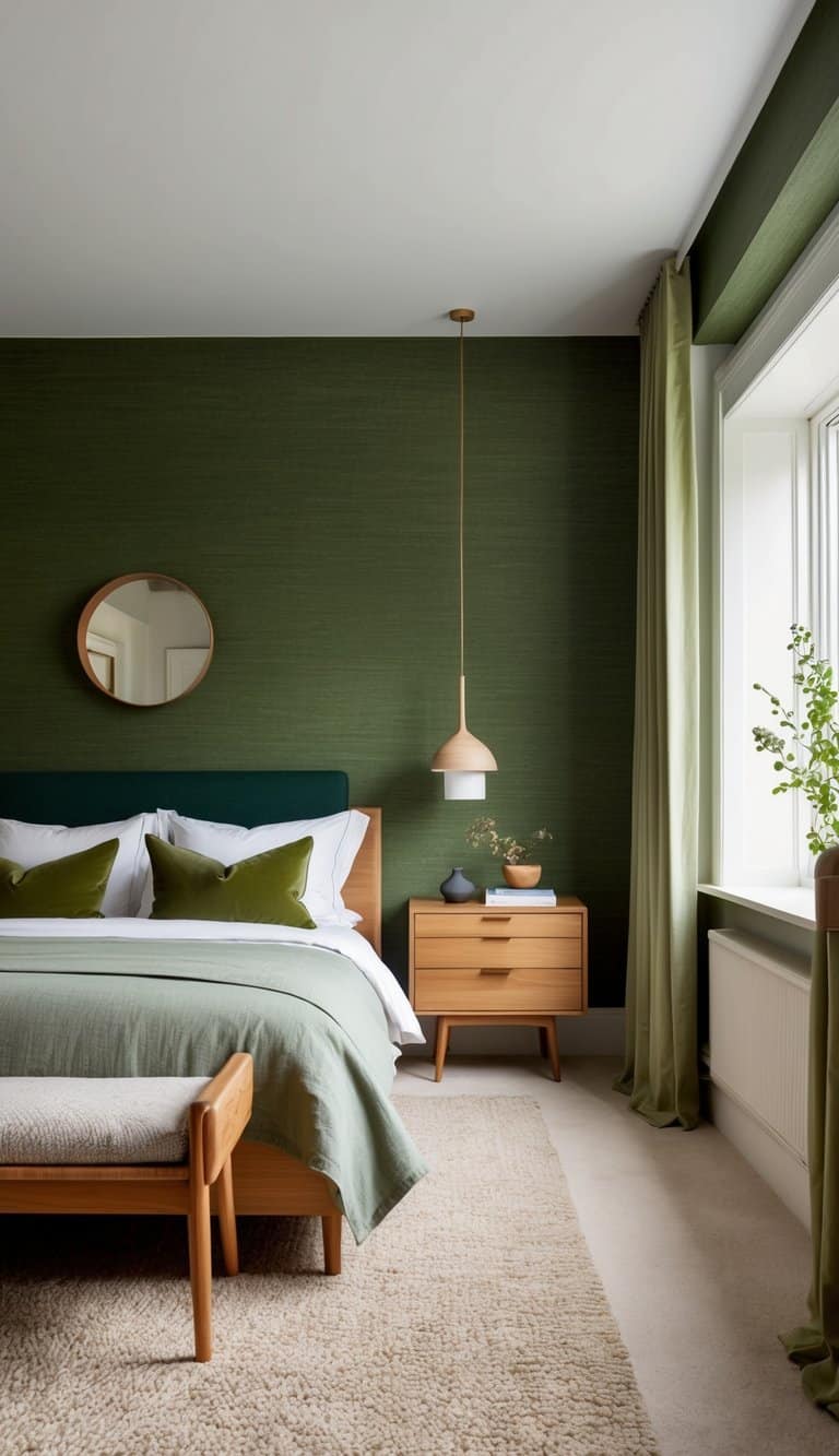 A cozy bedroom with mossy green wallpaper, wooden furniture, and earthy green accents