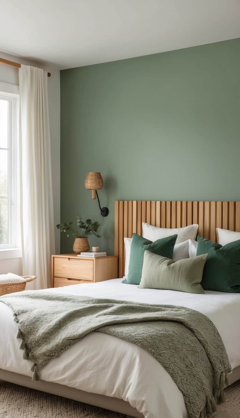 A cozy bedroom with a sage green accent wall, natural wood elements, and earthy green decor