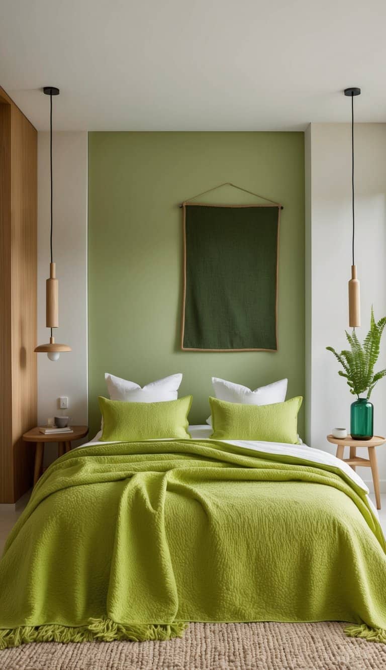 A lime green bedspread drapes over a cozy bed in a room adorned with earthy green accents and wooden elements