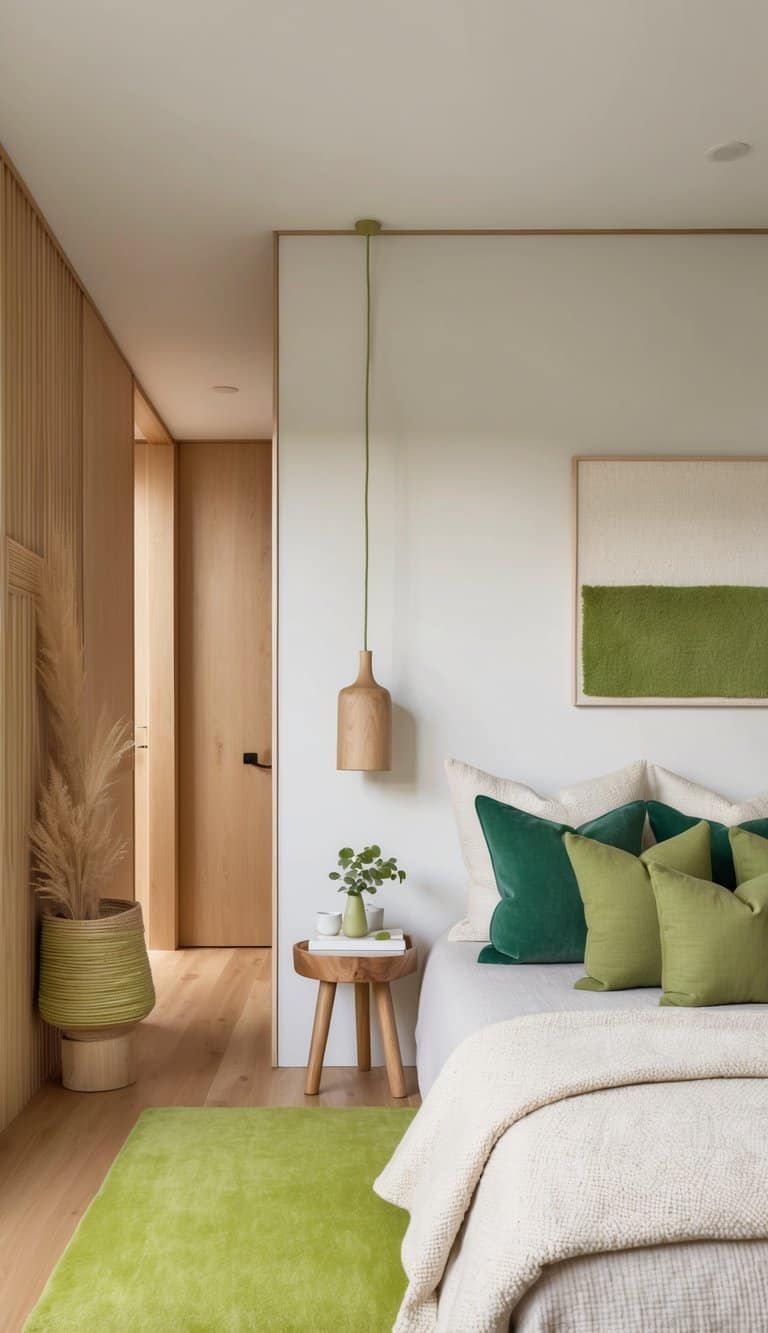 A cozy bedroom with a lime accent rug, wooden elements, and earthy green decor for a fresh and natural touch