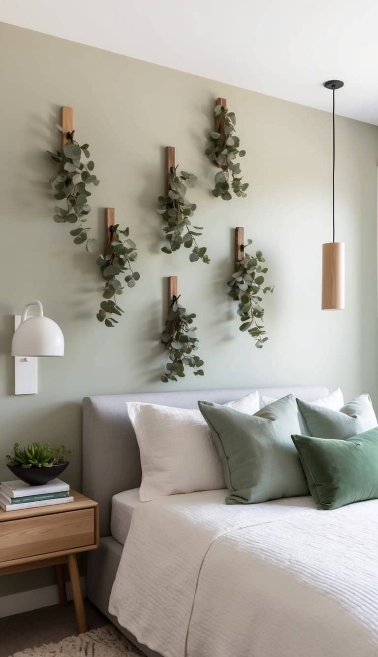 A bedroom wall adorned with eucalyptus wall hooks, surrounded by earthy green decor and wooden elements for a fresh and natural touch