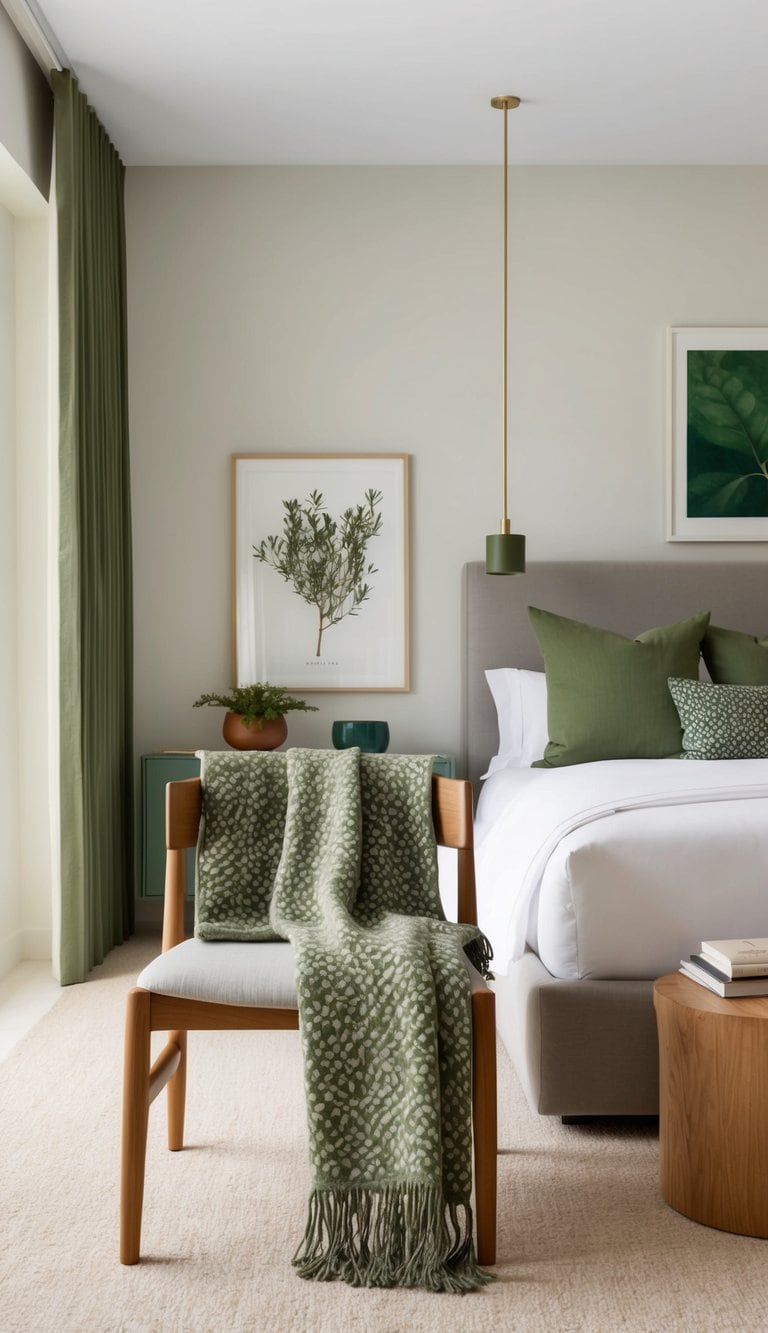 A cozy bedroom with a thyme-patterned throw draped over a wooden chair, surrounded by earthy green decor