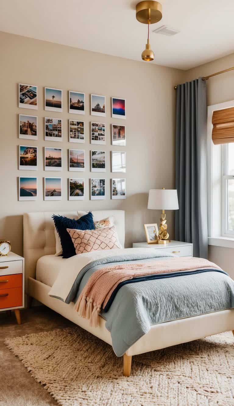 A cozy teen bedroom with a polaroid photo display, trendy decor, and a functional layout