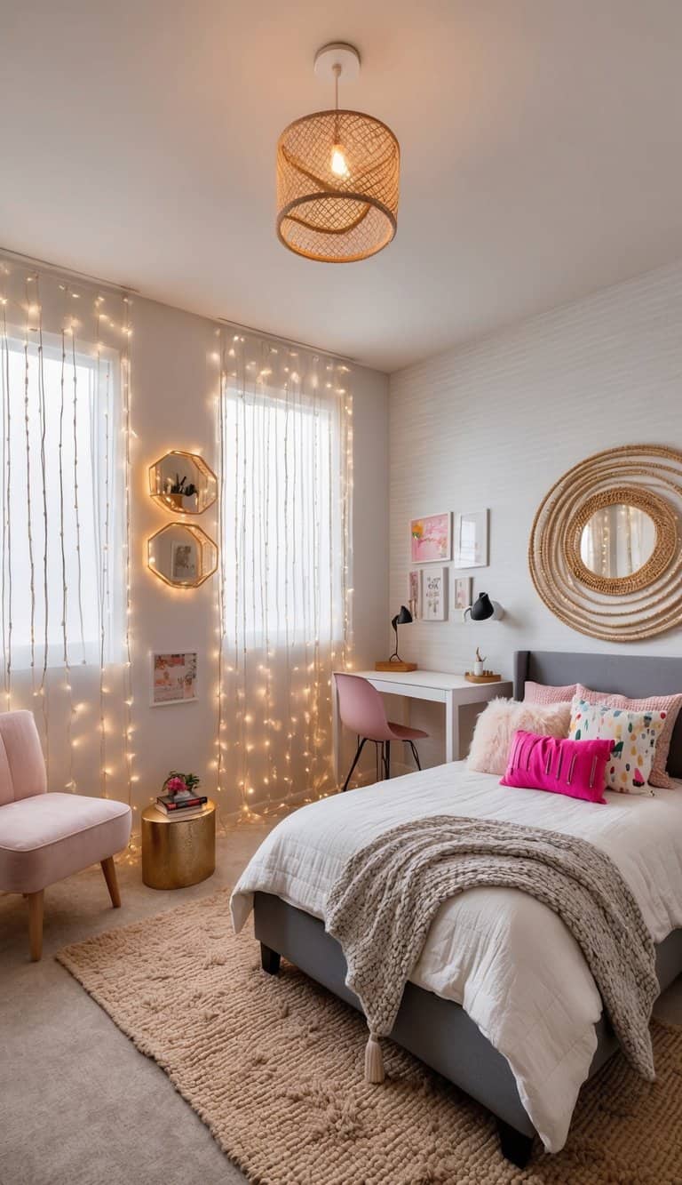 A cozy teen bedroom with string light curtains, a trendy decor, and a functional layout