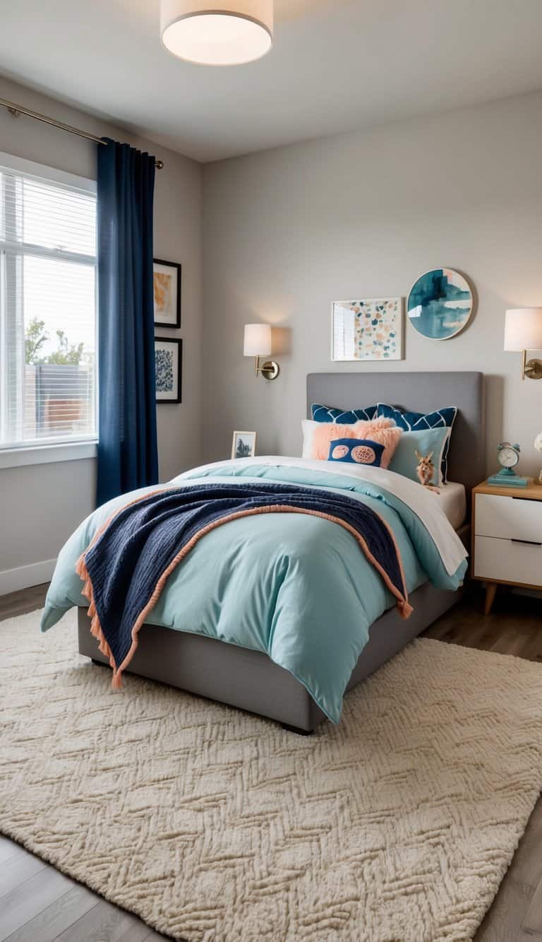 A cozy, modern bedroom with a customized bedding set, trendy decor, and a functional layout for a teen's personal expression