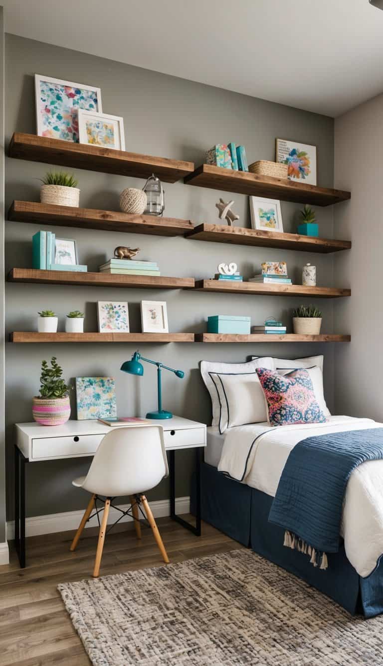 Rustic wood shelves holding trendy decor in a functional teen bedroom layout