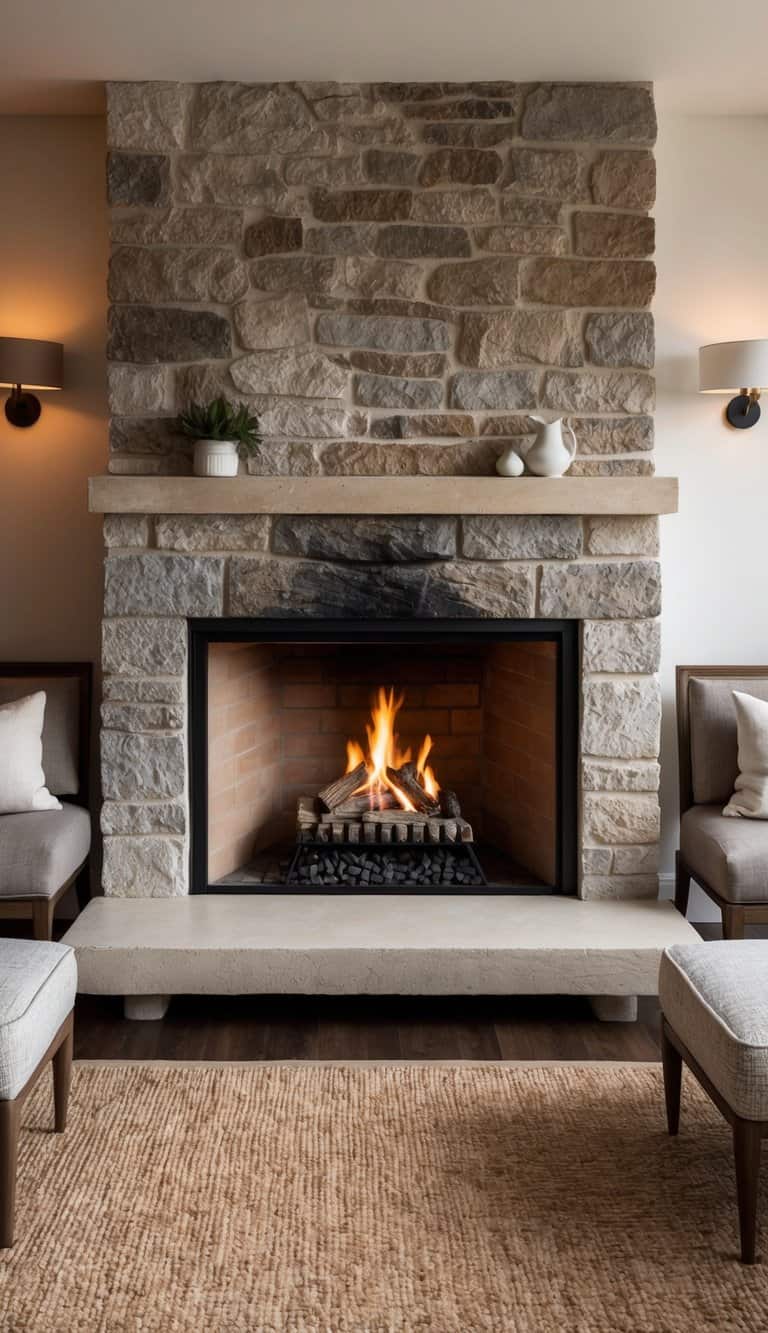 A vintage-inspired stone hearth with a crackling fire, surrounded by cozy seating and warm lighting