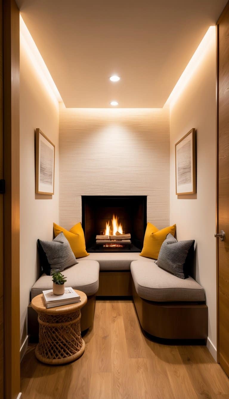 A cozy fireplace nook nestled in a compact corner, with warm lighting and comfortable seating