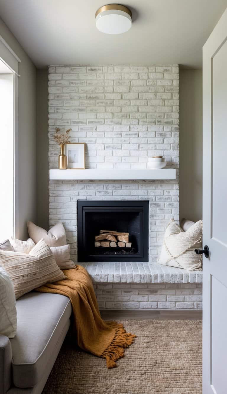 A cozy fireplace nook with a whitewashed brick finish, adorned with warm blankets and plush pillows, nestled in a small space