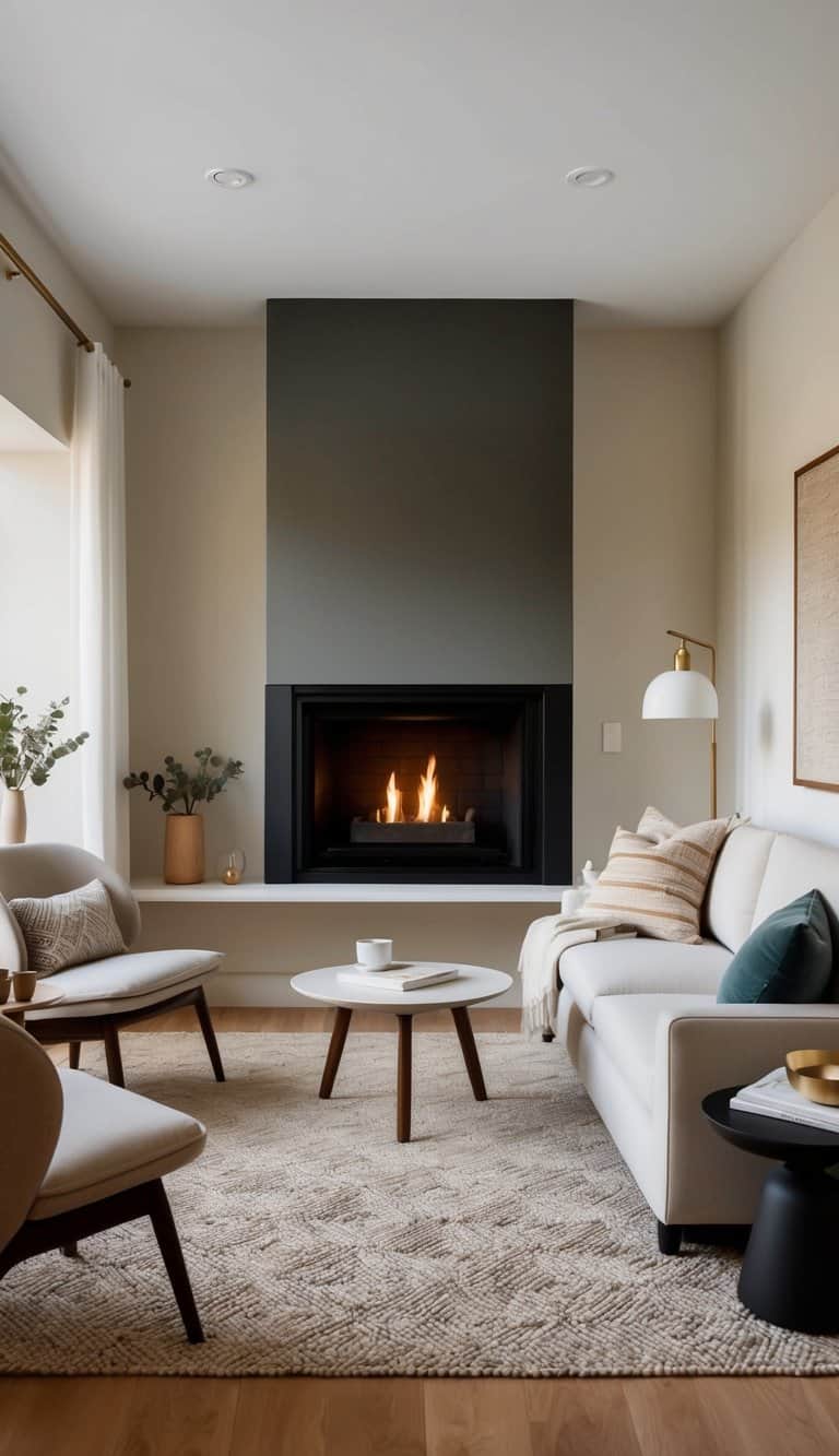 A cozy fireplace nook with modern minimalist design in a small space