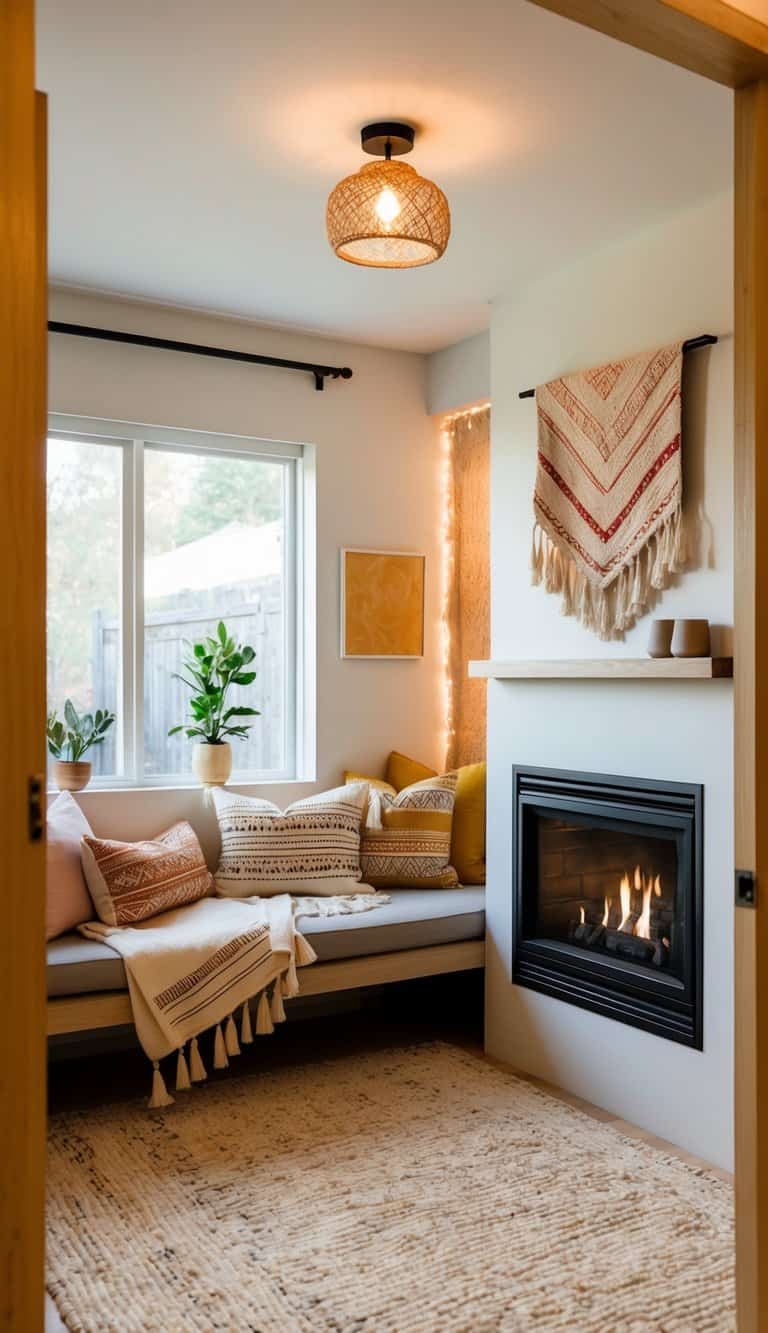 A cozy fireplace nook with bohemian textiles and warm lighting, nestled in a small space