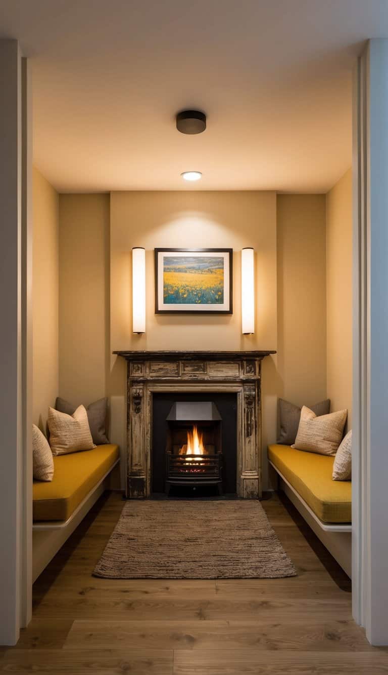 A cozy nook with a repurposed antique fireplace, surrounded by warm lighting and comfortable seating, creating a welcoming and inviting atmosphere in a small space