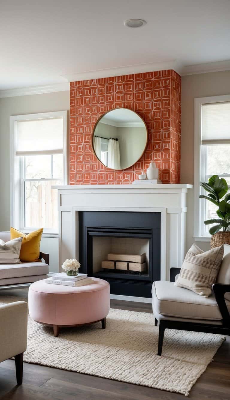 A cozy fireplace nook with a bold wallpaper accent wall