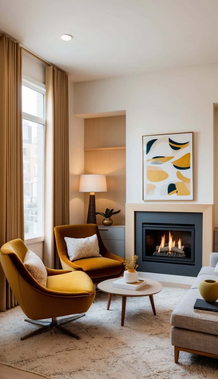 A bold accent chair sits next to a cozy fireplace, surrounded by warm and inviting decor in a small space
