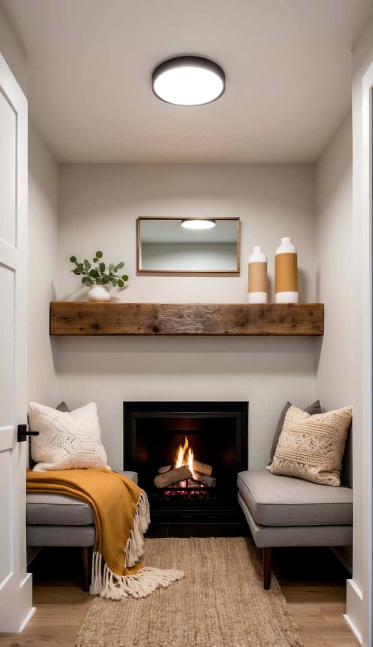 A cozy fireplace nook with a reclaimed beam mantel, adorned with warm blankets and a crackling fire, nestled in a small space