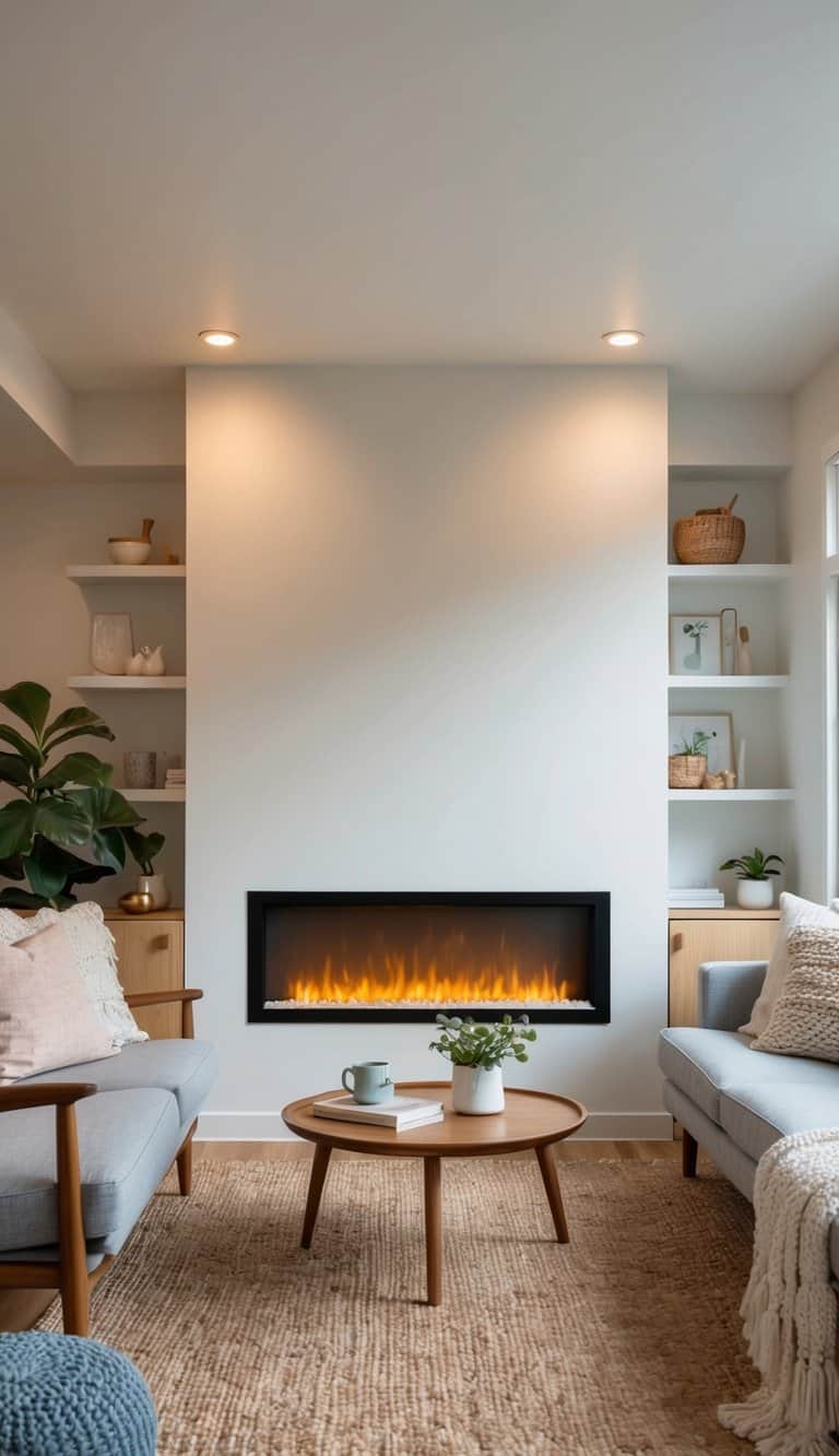 A cozy living room with a recessed wall electric fireplace, surrounded by small decor and furniture for tiny spaces