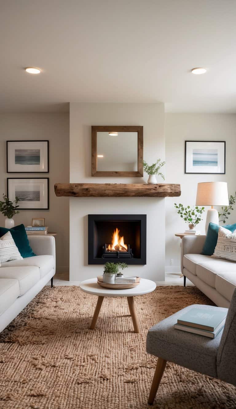 A cozy living room with a small fireplace nestled beneath a rustic timber mantel, surrounded by stylish decor and clever space-saving solutions