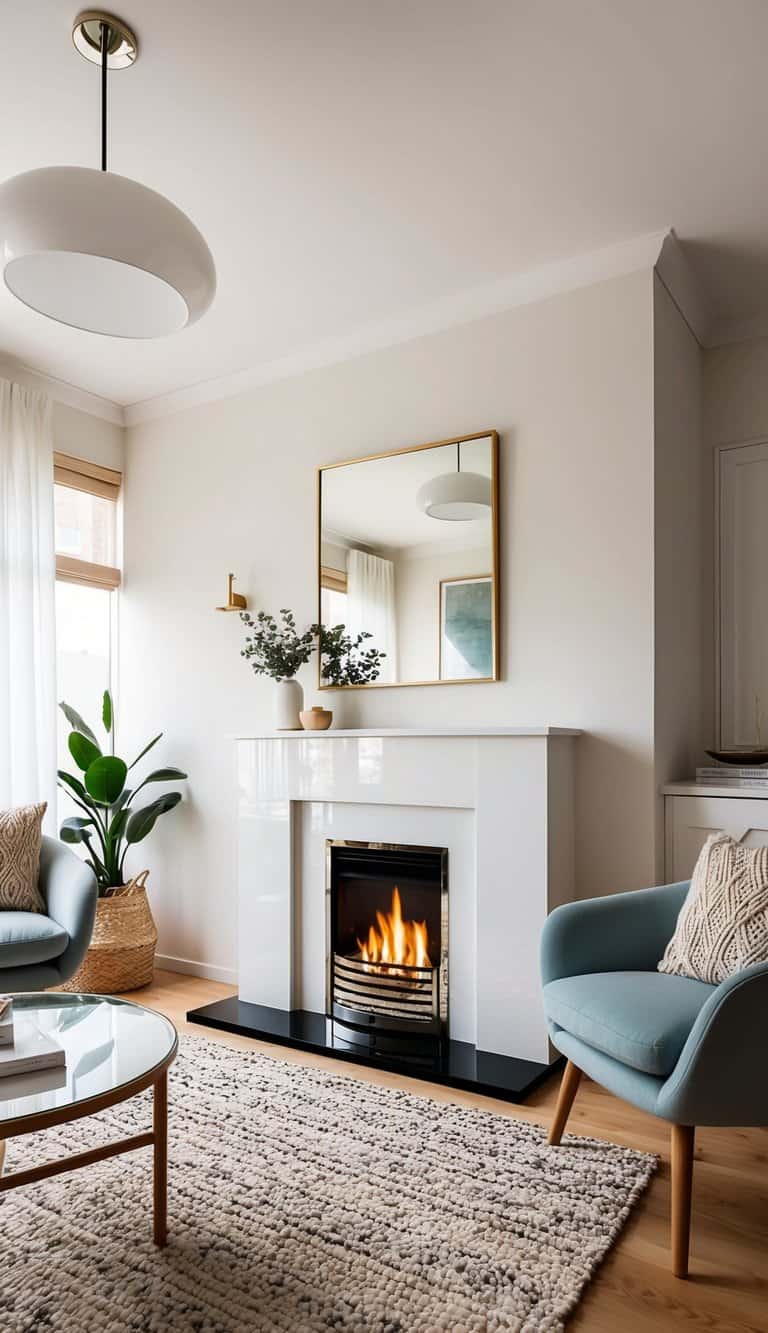 A cozy, glossy white fireplace set in a small space with stylish decor and minimal clutter