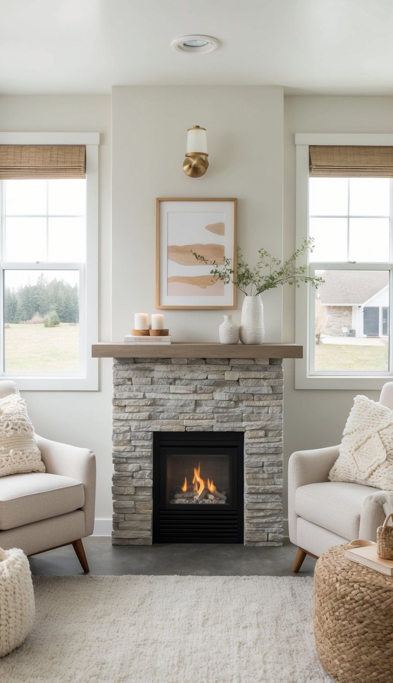 A stone weathered look mantel with a small fireplace surrounded by cozy decor in a tiny space