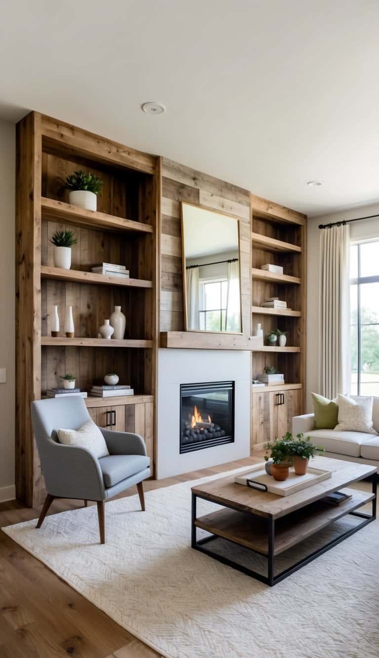 Rustic wooden shelving units flank a fireplace, providing practical storage and combining style with function