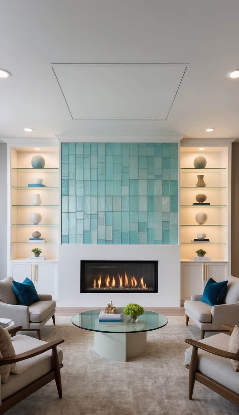 A modern glass shelf display with 50 fireplace built-ins and shelves for practical storage