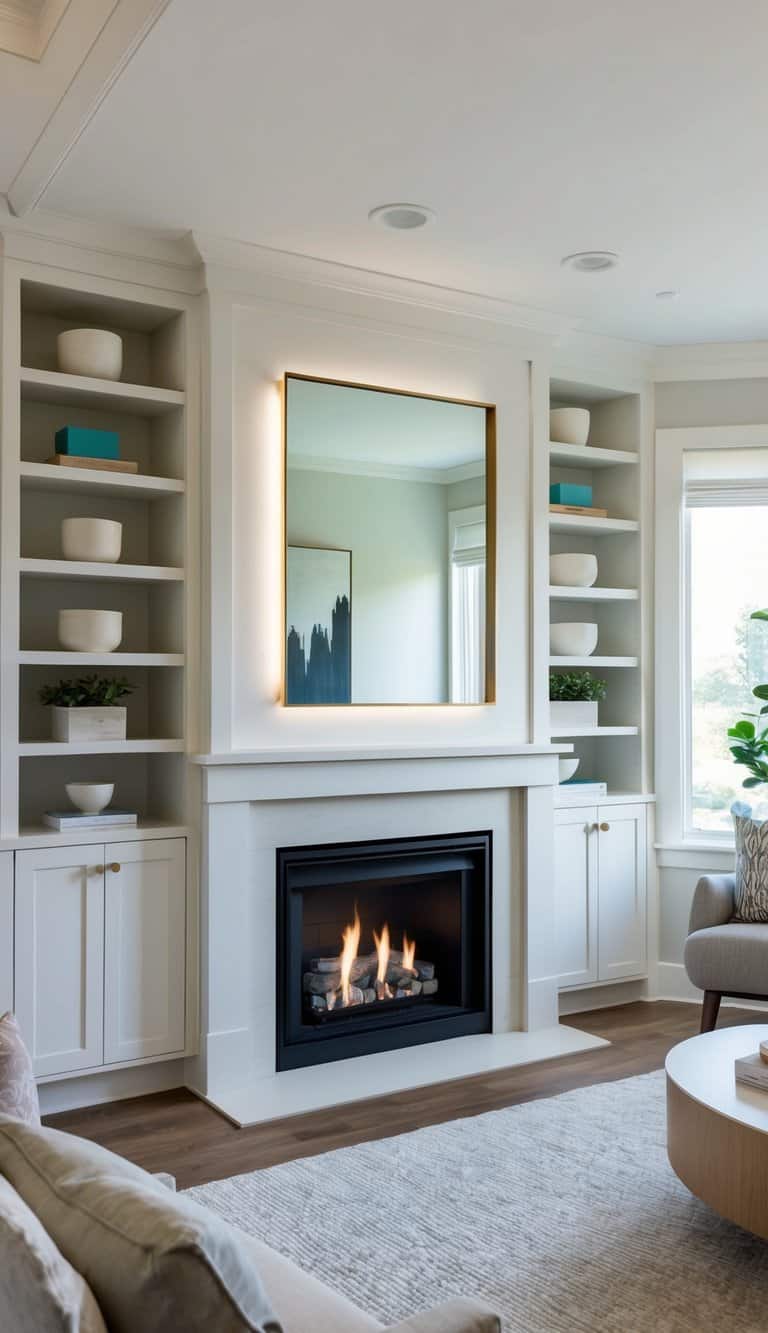 A corner unit with built-in lighting and a fireplace flanked by built-ins with shelves for practical storage