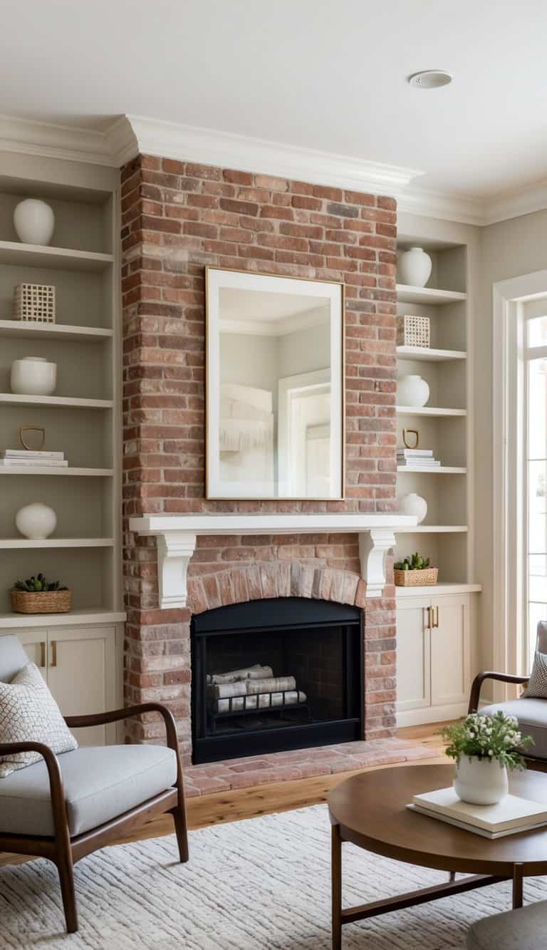 A classic brick fireplace with built-in shelving, combining style and practical storage