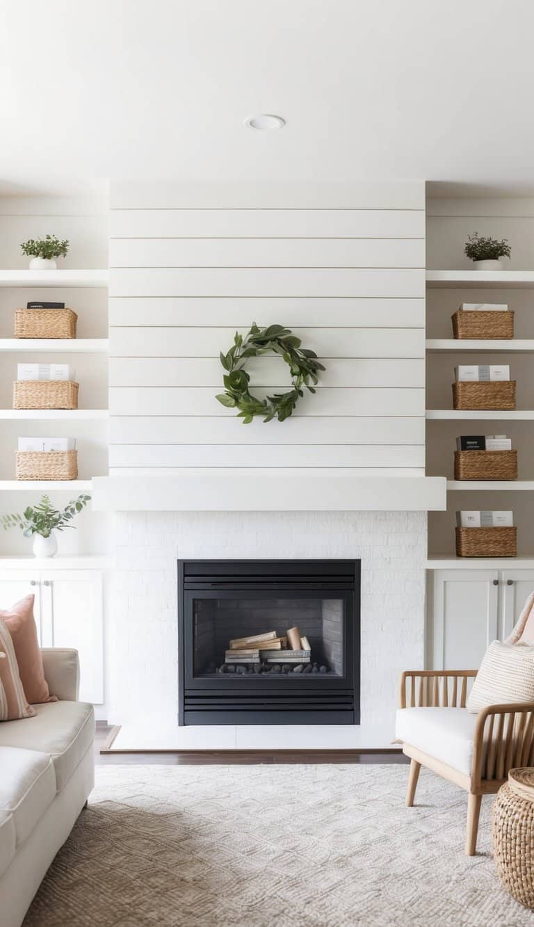 White shiplap shelves flank a fireplace, filled with practical storage items