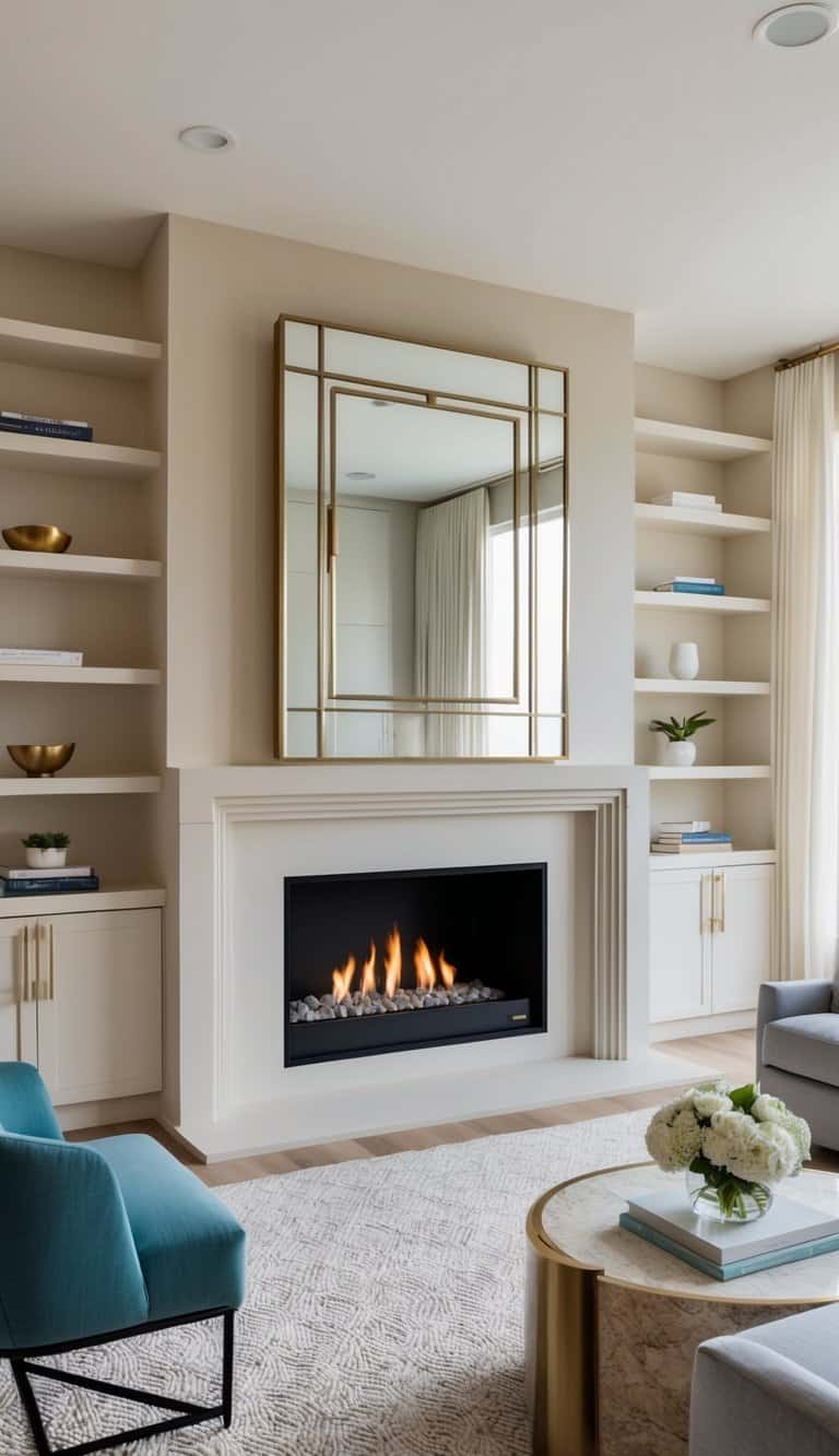 An Art Deco mantel with built-in shelves and practical storage for a fireplace