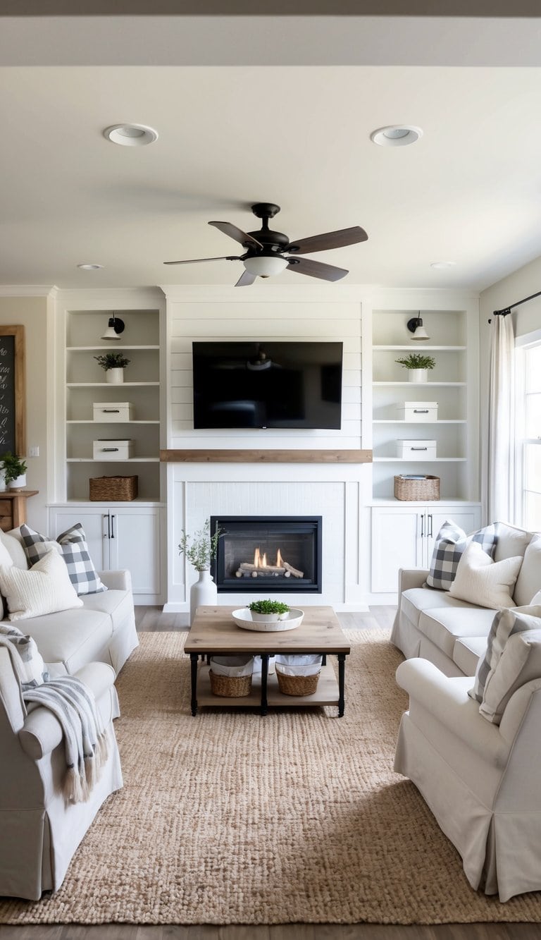 A cozy farmhouse living room with a built-in fireplace surrounded by storage cubbies and shelves for practical organization