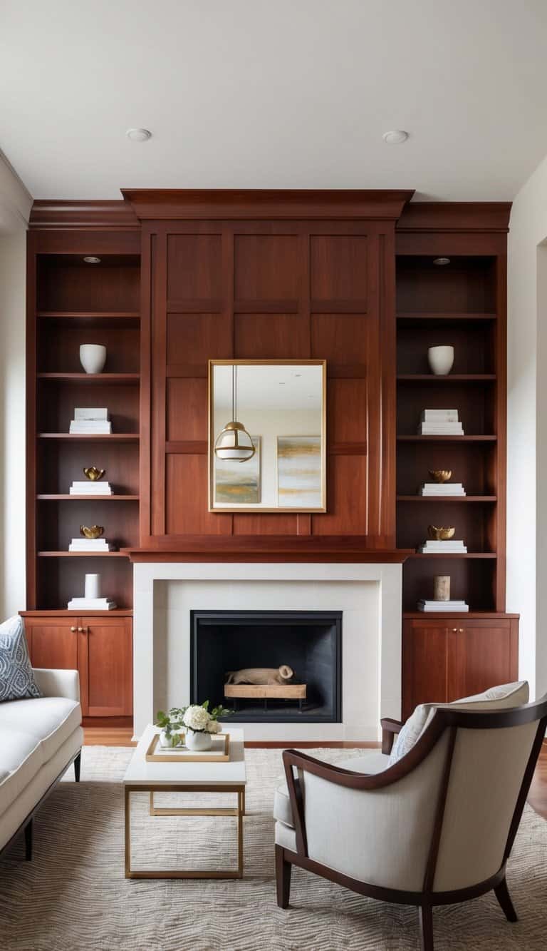 Traditional cherry wood shelves frame a fireplace, with built-in shelves for practical storage
