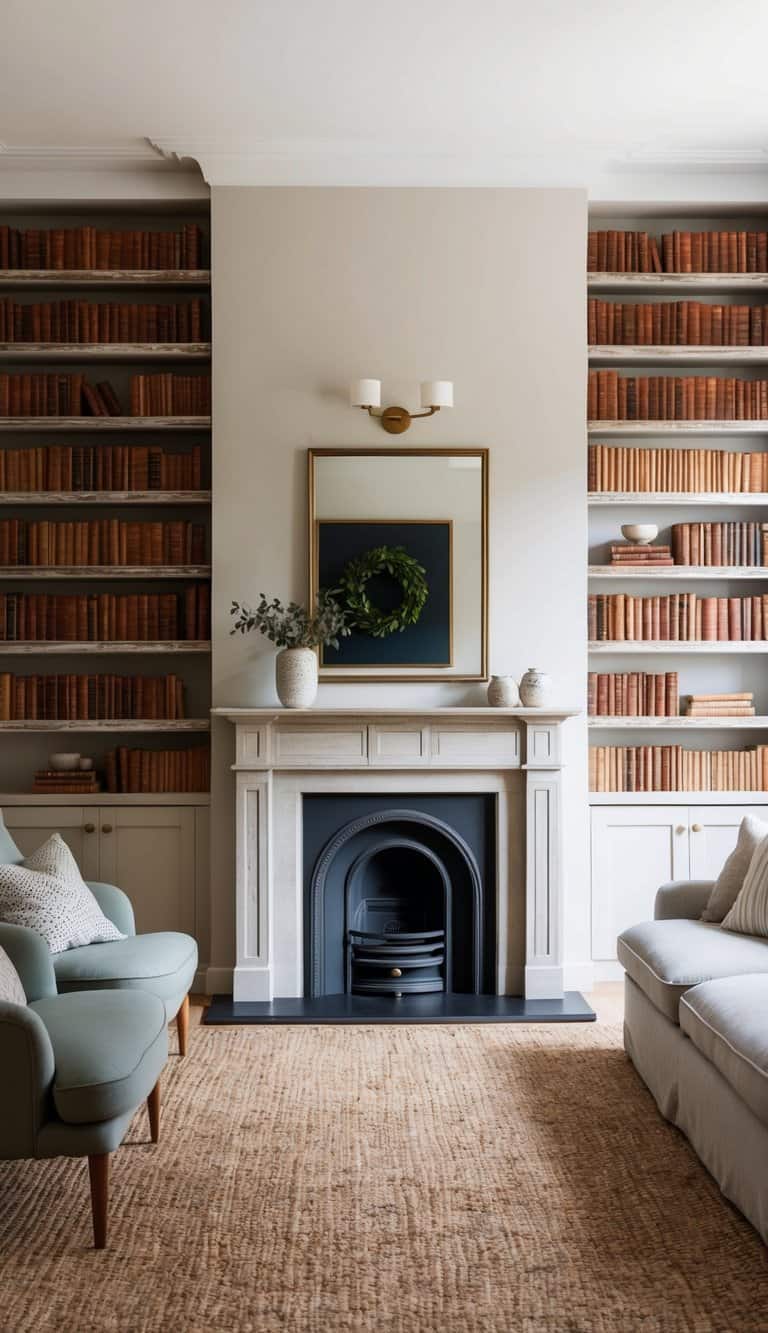 A cozy living room with a classic fireplace flanked by vintage-inspired display ledges filled with books and decorative items for practical storage and stylish decor