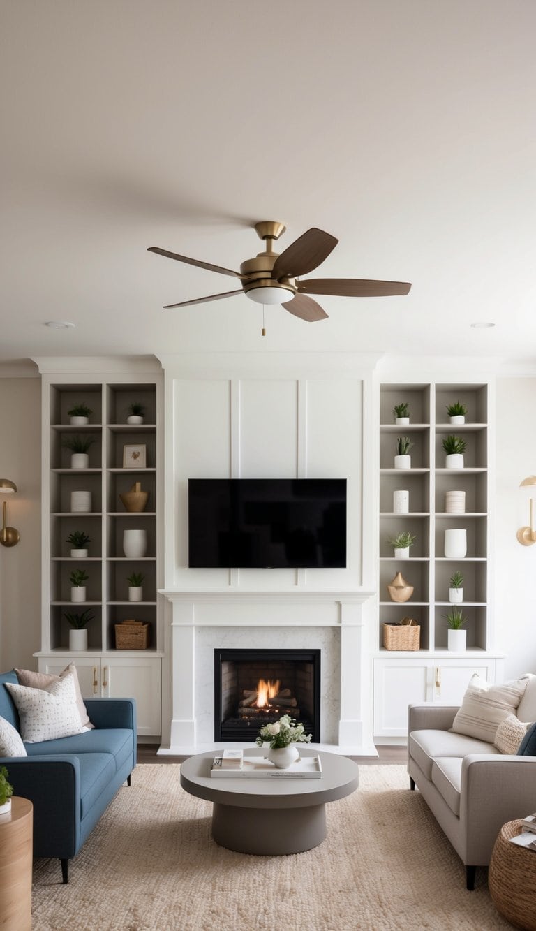 A cozy living room with a fireplace surrounded by customizable cube storage built-ins with shelves for practical storage