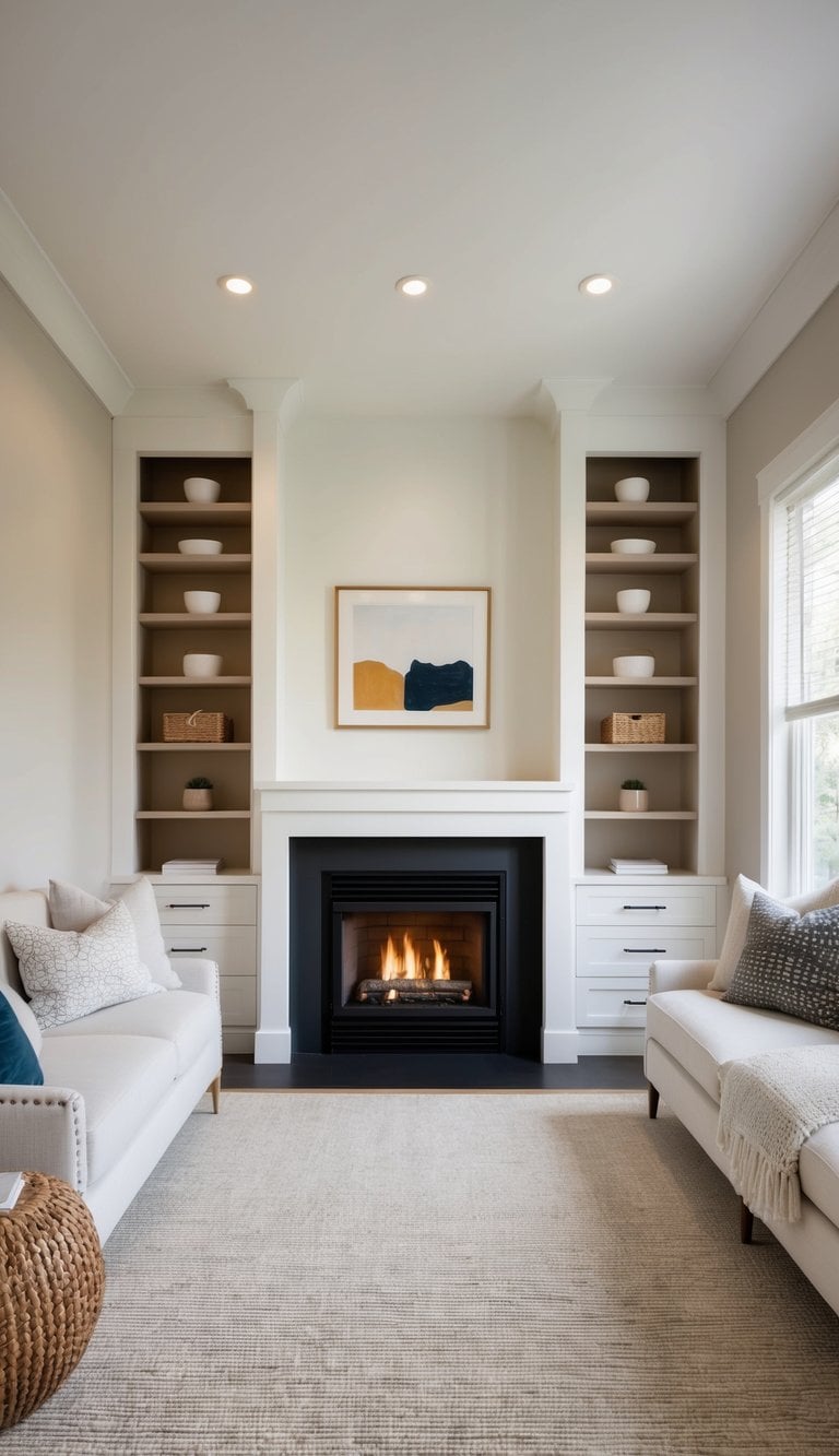 A cozy fireplace nook with built-in drawers and shelves for practical storage