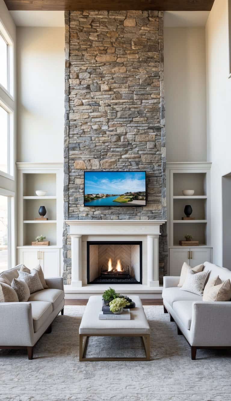 An elegant stone fireplace with built-in cabinets and shelves for practical storage